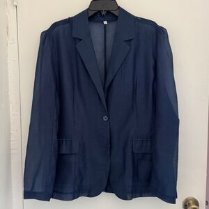 Sheer Navy Blue Women's Blazer Sz L 2-Button Vented Pockets Minimalist Casual